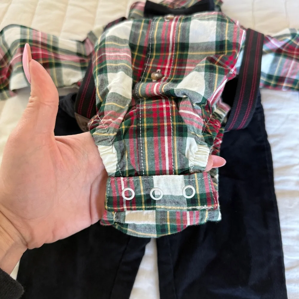 NWT CAERTERS Boys outfit plaid shirt bow tie suspenders corduroy pants holiday